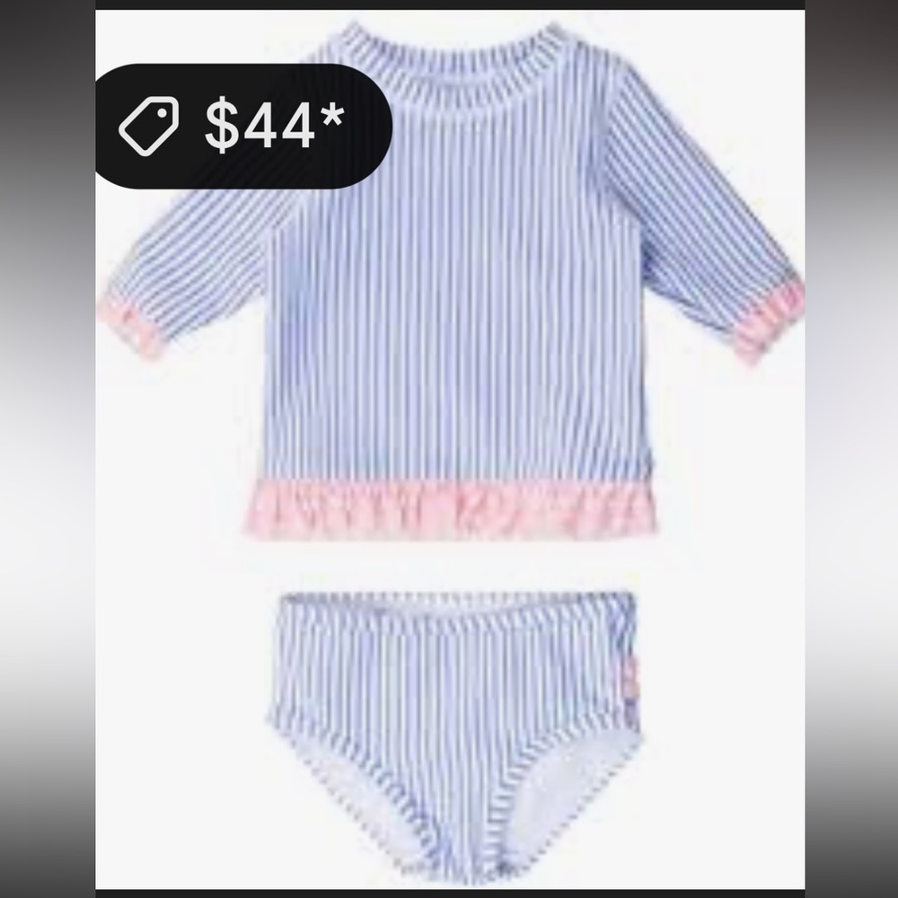 Ruffle Butts blue and pink seersucker rash guard swimsuit two pieces 3-6M